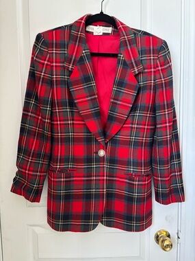 Women’s Evan Picone Red, Gray, Navy Plaid Blazer Jacket, Vintage, Size Medium
